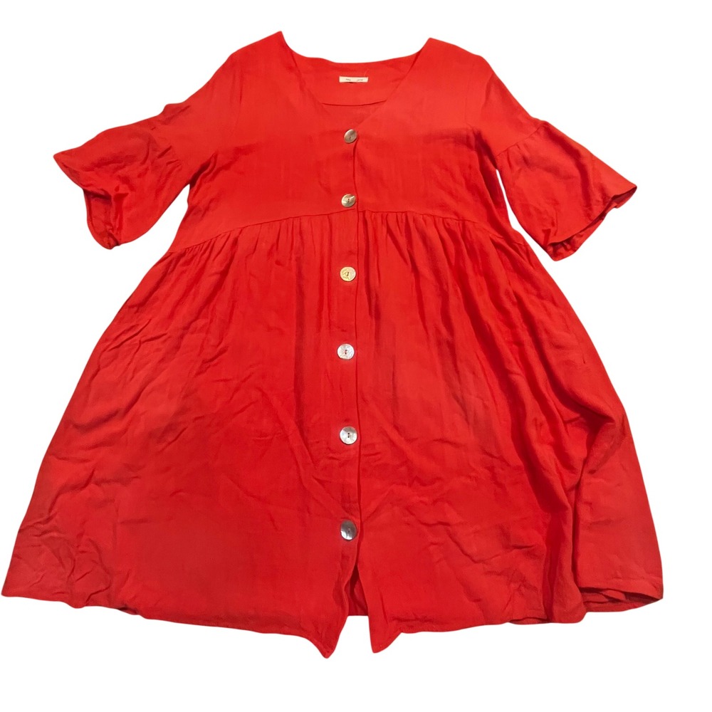 Tea‎ n Rose Red Linen Blend Babydoll Button Front Pocket Dress L
